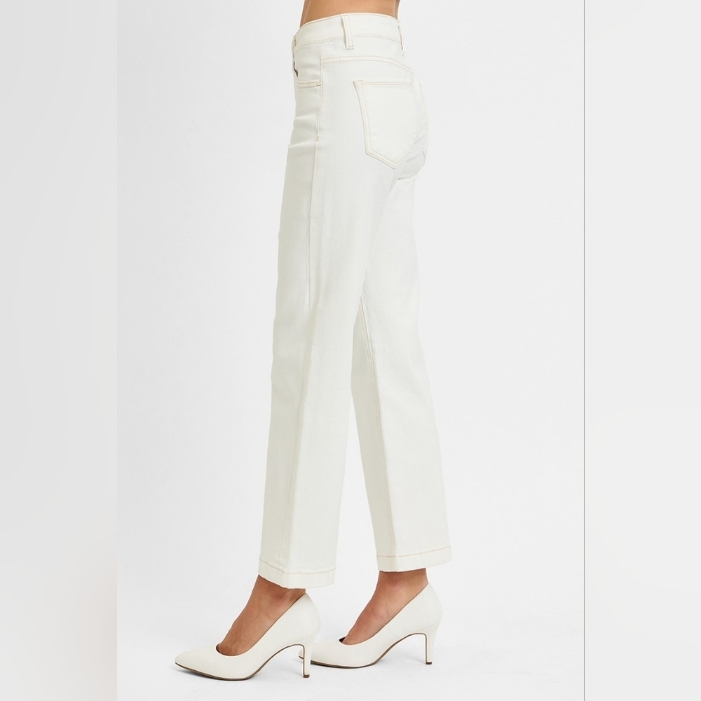 RISEN Mid Rise Tummy Control Straight Ankle Jeans Stretch Cream Neutral NEW - Picture 4 of 6